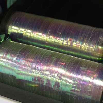 This iridescent ribbon changes colors when lighting varies