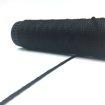 Kreinik Black Elastic has a 3 to 1 stretch so you don't have to use a lot if you're making masks, for instance.