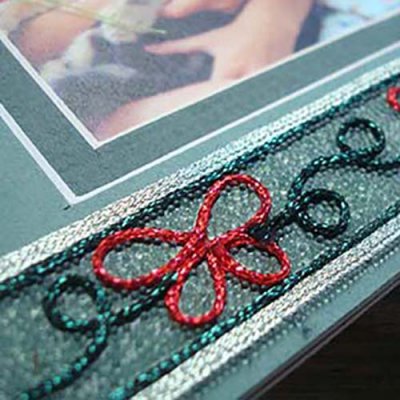 Decorate plain paper, scrapbooks and photo mats with tape, threads and beads