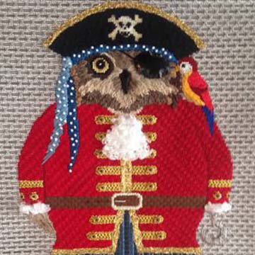 Black leather eye patch for this pirate; stitch guide by Sandra Arthur