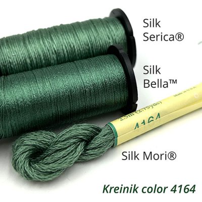 Kreinik Silk Bella, Serica, and Mori are dyed to match