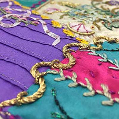 Torsades can be couched onto crazy quilts